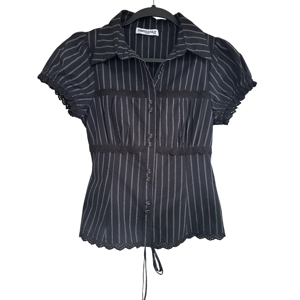Princess Polly Black Pinstripe Lace Trim Button Up Blouse Puff Sleeve Size 4